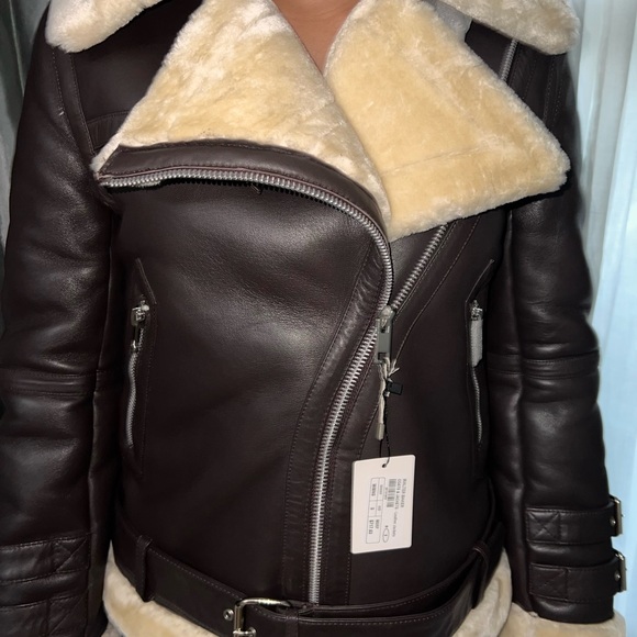 Walter Baker Dark Brown Leather Jacket with Cream Shearling - Picture 3 of 15